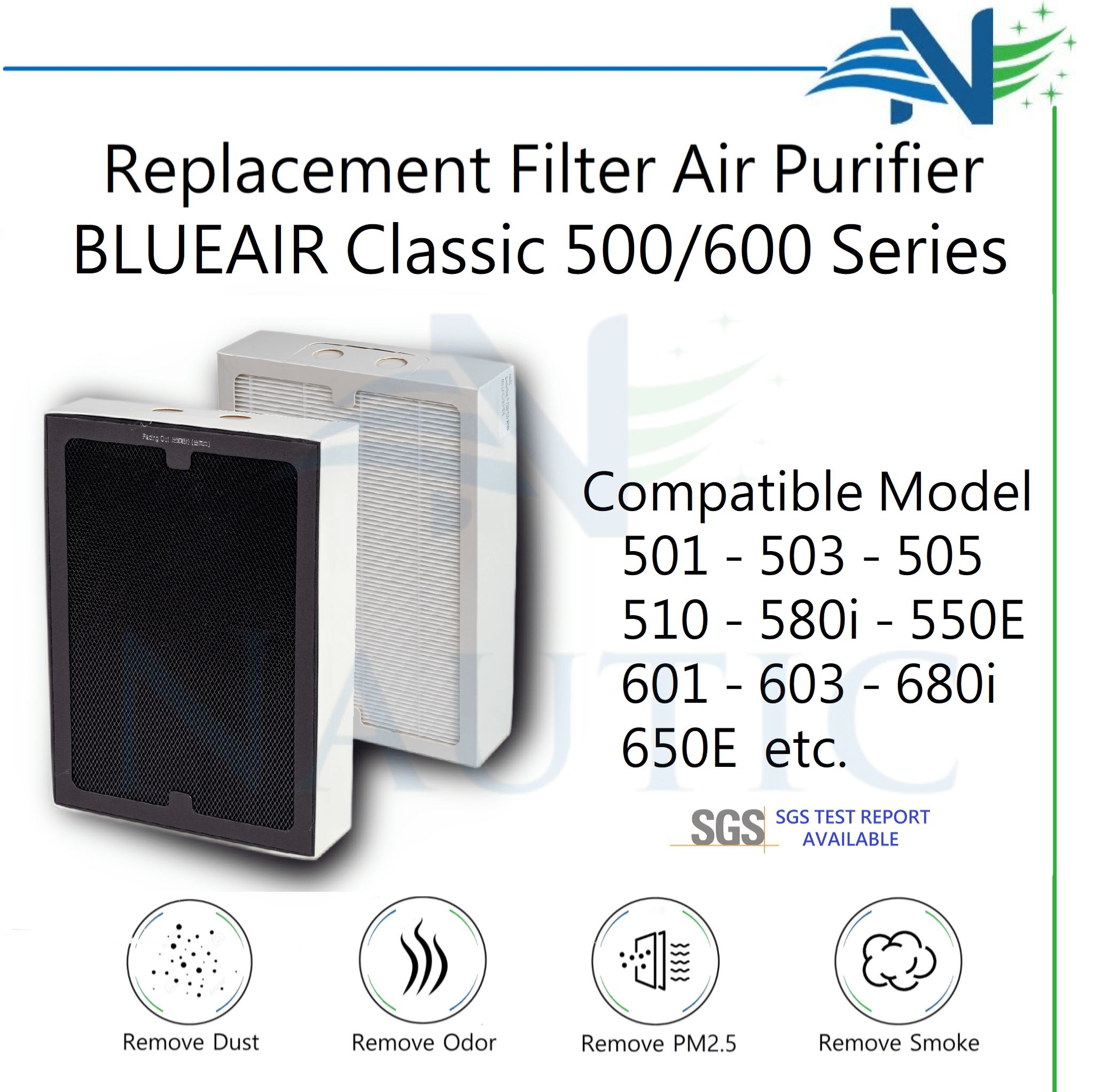 NAUTIC Filter Blueair 500 Series Air Purifier untuk 501 503 505 580i 601 603 680i / HEPA+Carbon