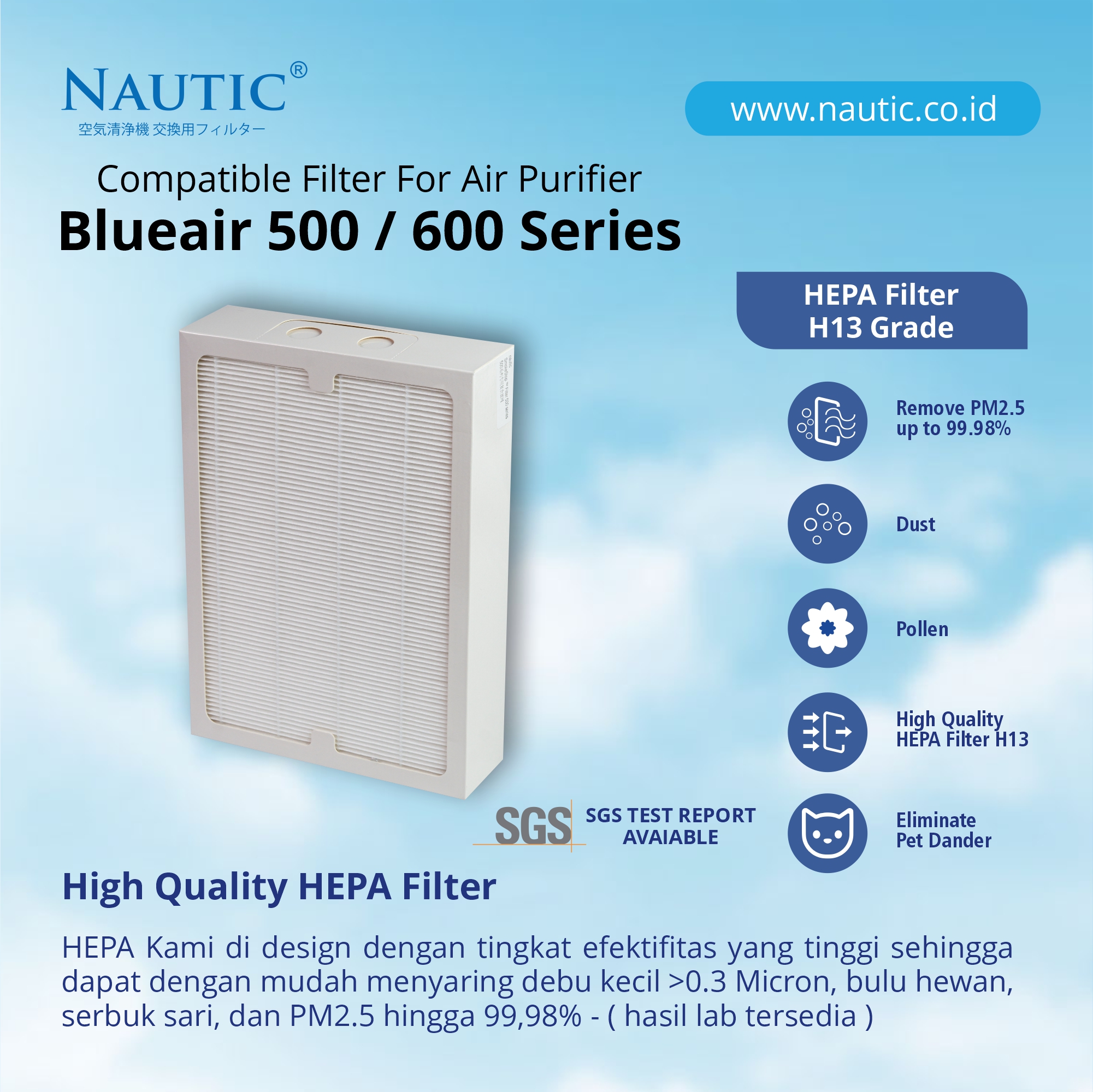 NAUTIC Filter Blueair 500 Series Air Purifier untuk 501 503 505 580i 601 603 680i / HEPA+Carbon thumb 2